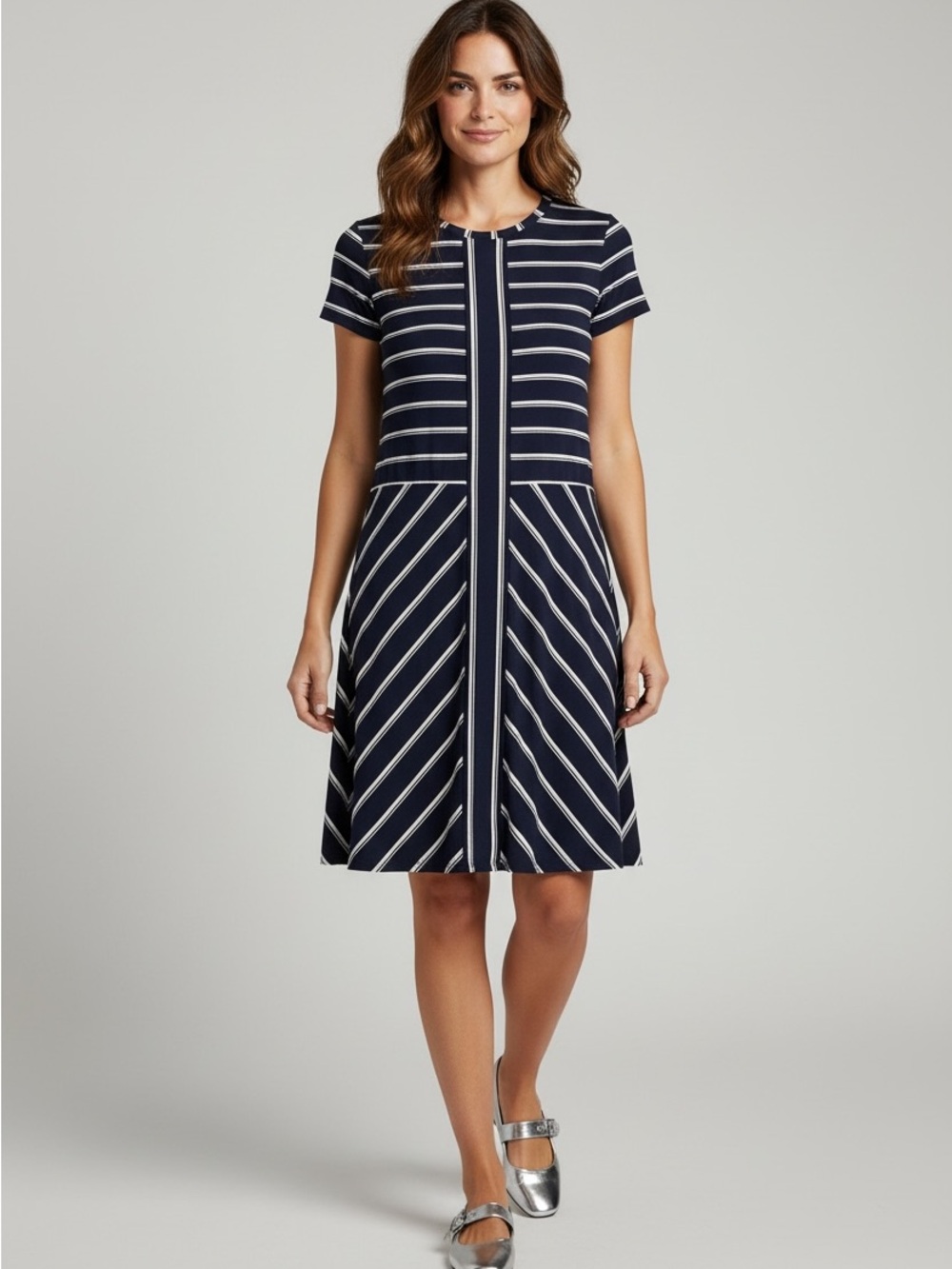 Calvin Klein Navy and White Striped Short-Sleeve A-Line Dress